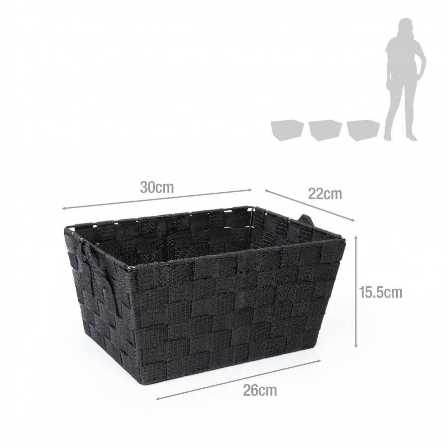 Set of 3 Rectangular Woven Storage Basket With Carry Handles, Black