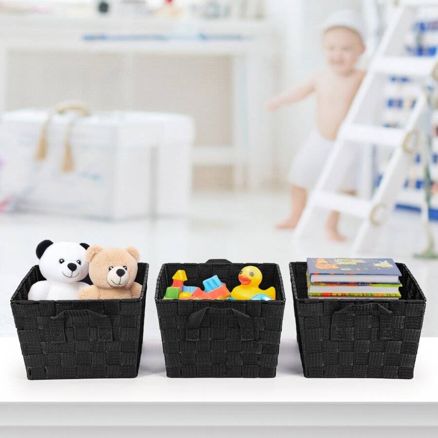 Set of 3 Rectangular Woven Storage Basket With Carry Handles, Black