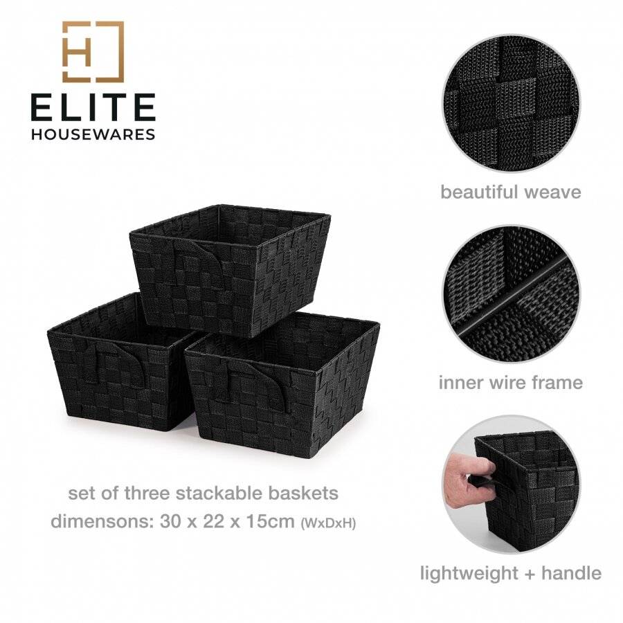 Set of 3 Rectangular Woven Storage Basket With Carry Handles, Black