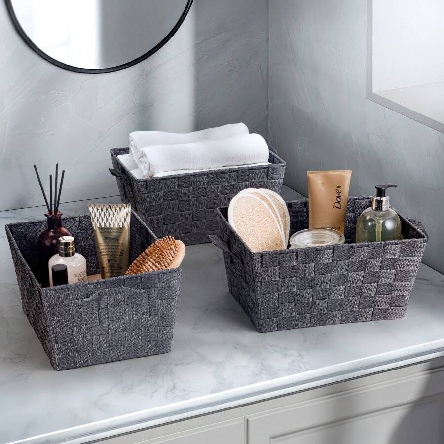 Set of 3 Rectangular Woven Storage Basket With Carry Handles, Grey