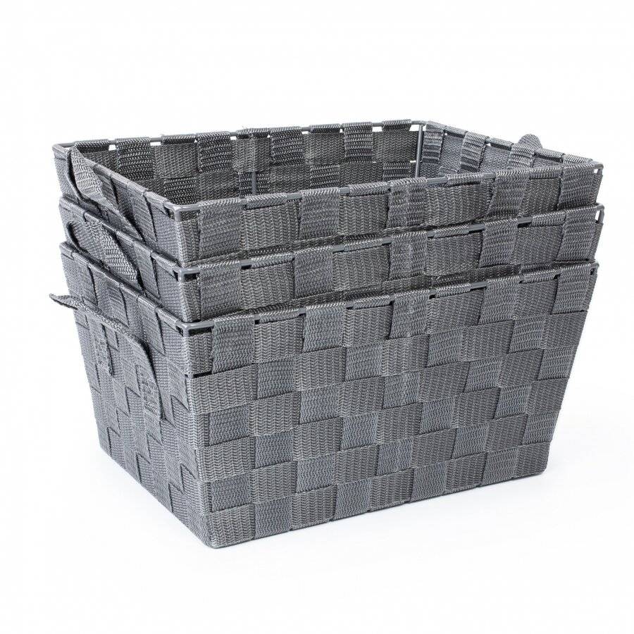 Set of 3 Rectangular Woven Storage Basket With Carry Handles, Grey