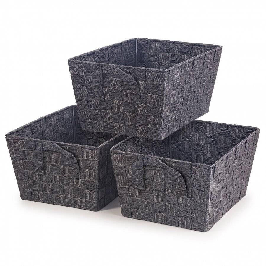 Set of 3 Rectangular Woven Storage Basket With Carry Handles, Grey