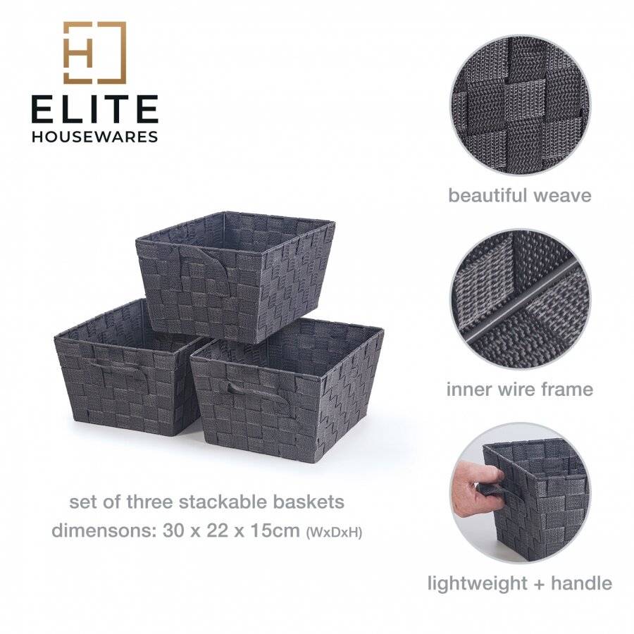 Set of 3 Rectangular Woven Storage Basket With Carry Handles, Grey