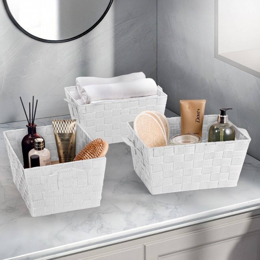 Set of 3 Rectangular Woven Storage Basket With Carry Handles, White