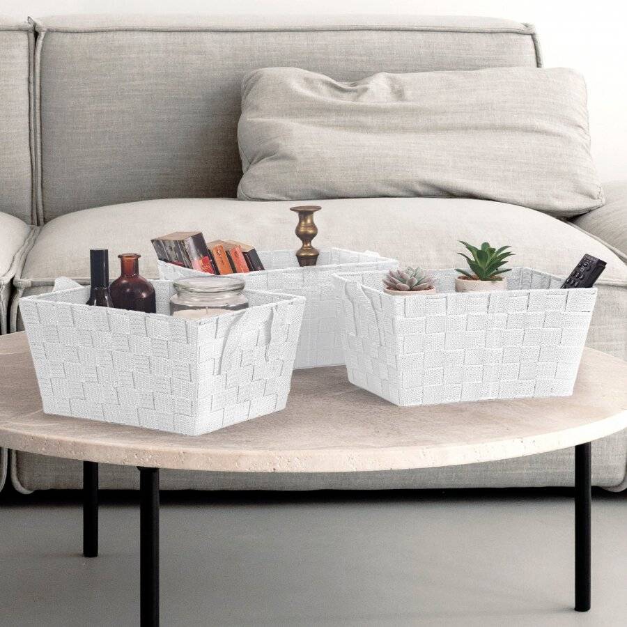 Set of 3 Rectangular Woven Storage Basket With Carry Handles, White