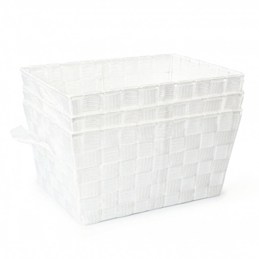Set of 3 Rectangular Woven Storage Basket With Carry Handles, White