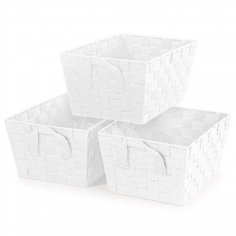 Set of 3 Rectangular Woven Storage Basket With Carry Handles, White