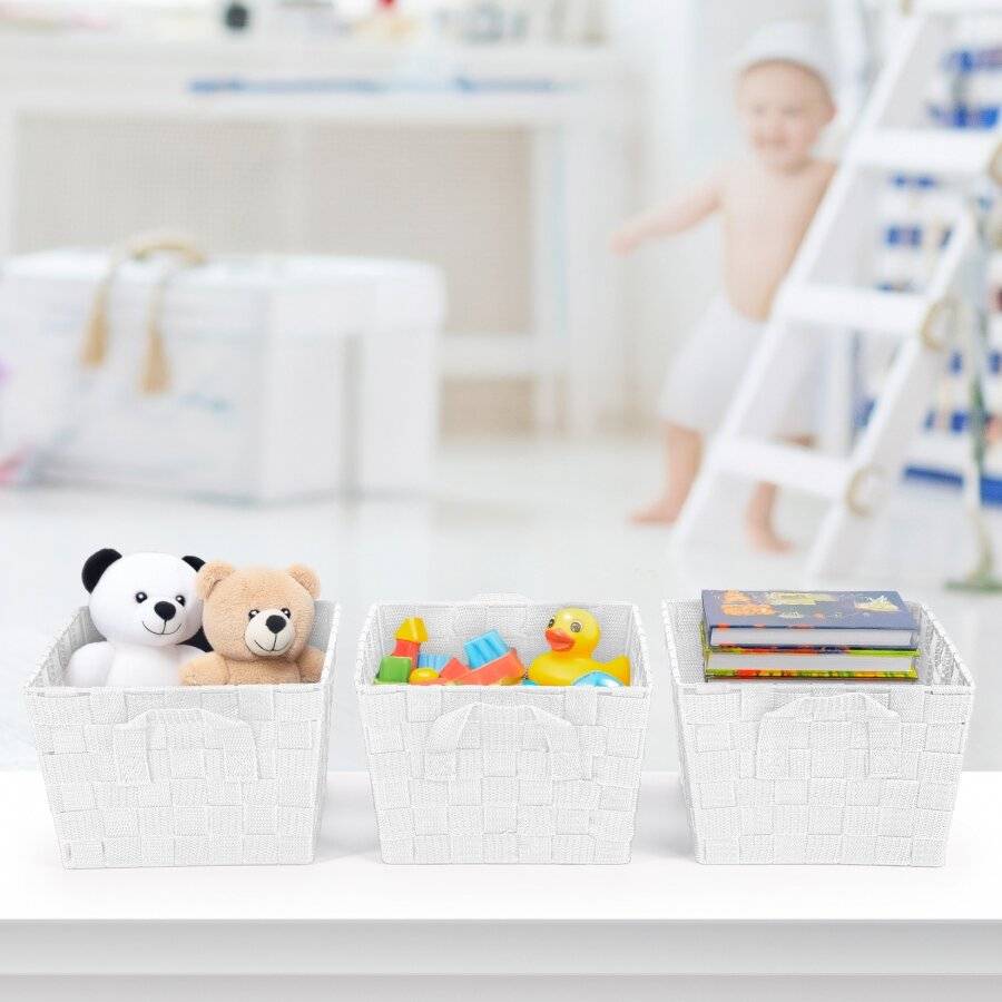 Set of 3 Rectangular Woven Storage Basket With Carry Handles, White