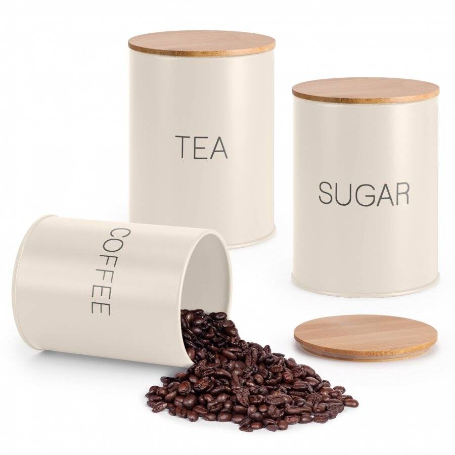 EHC Set of 3 Cream Tea, Coffee & Sugar Jars With Airtight Bamboo Lid