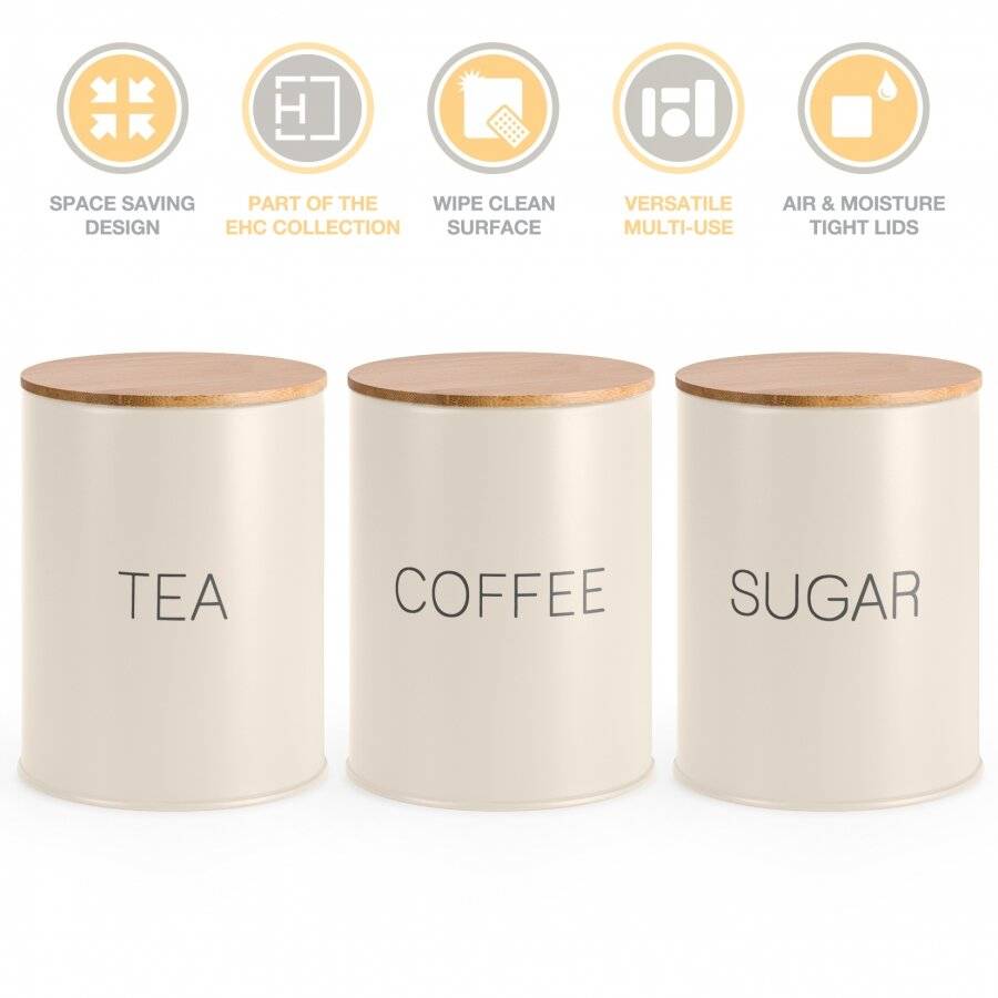 EHC Set of 3 Cream Tea, Coffee & Sugar Jars With Airtight Bamboo Lid