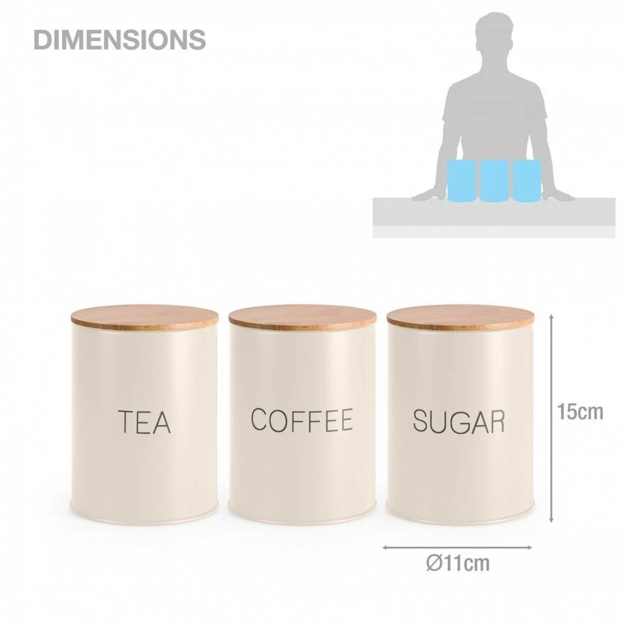 EHC Set of 3 Cream Tea, Coffee & Sugar Jars With Airtight Bamboo Lid