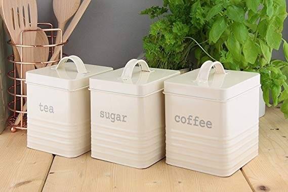 Set of 3 Square Tea, Sugar and Coffee Canisters - Cream