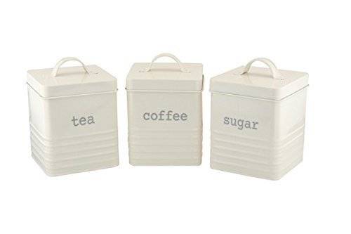Set of 3 Square Tea, Sugar and Coffee Canisters - Cream