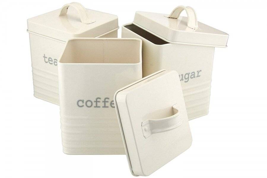 Set of 3 Square Tea, Sugar and Coffee Canisters - Cream