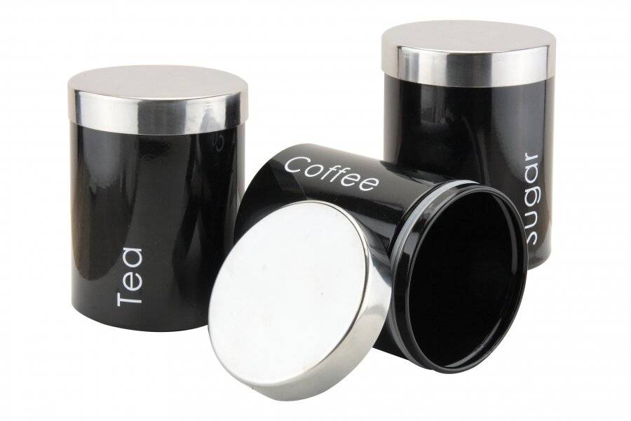 Set of 3 Stainless Steel Tea, Coffee & Sugar Canister - Black