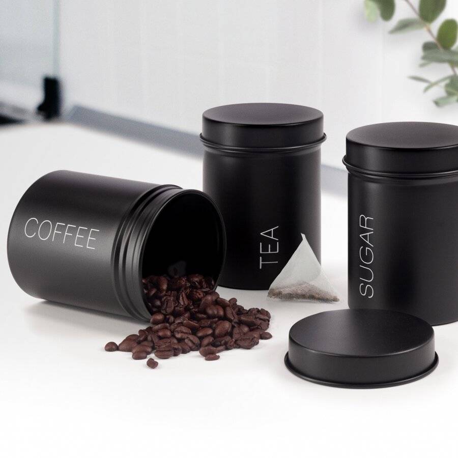 Set of 3 Airtight Tea, Coffee, and Sugar Kitchen Storage Jars, Black