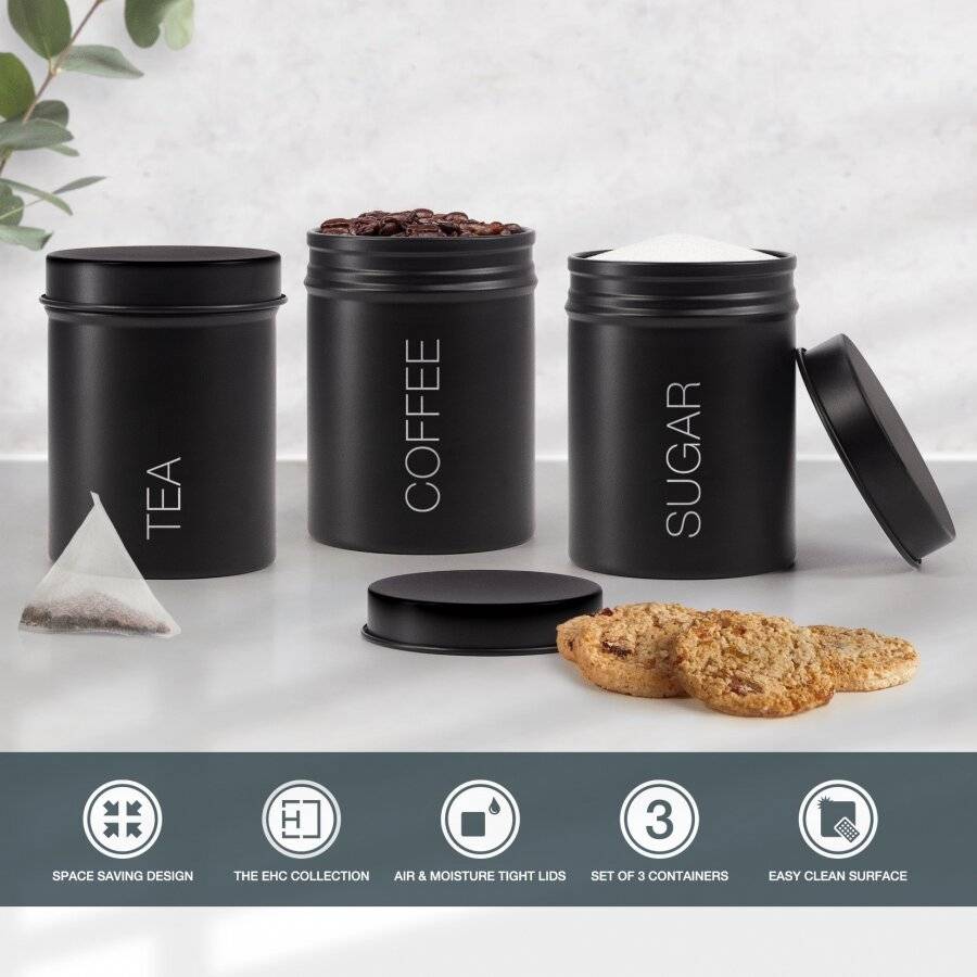 Set of 3 Airtight Tea, Coffee, and Sugar Kitchen Storage Jars, Black