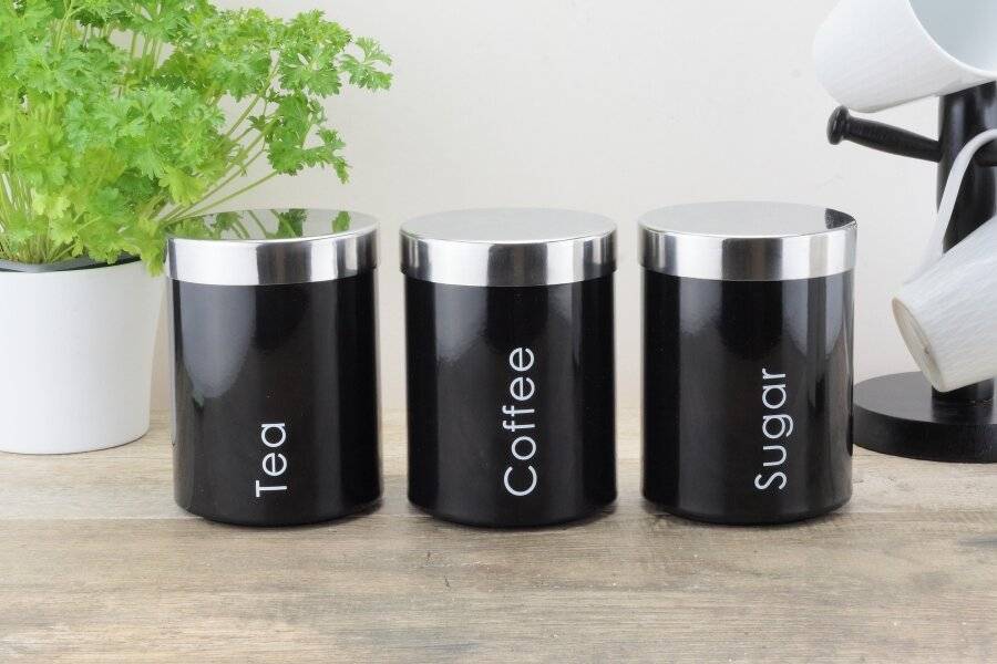 Set of 3 Stainless Steel Tea, Coffee & Sugar Canister - Black