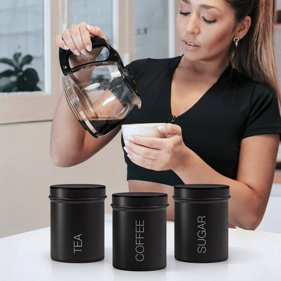 Set of 3 Airtight Tea, Coffee, and Sugar Kitchen Storage Jars, Black