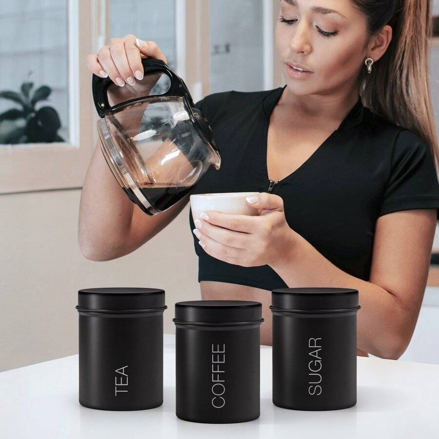 Set of 3 Stainless Steel Tea, Coffee & Sugar Canister - Black