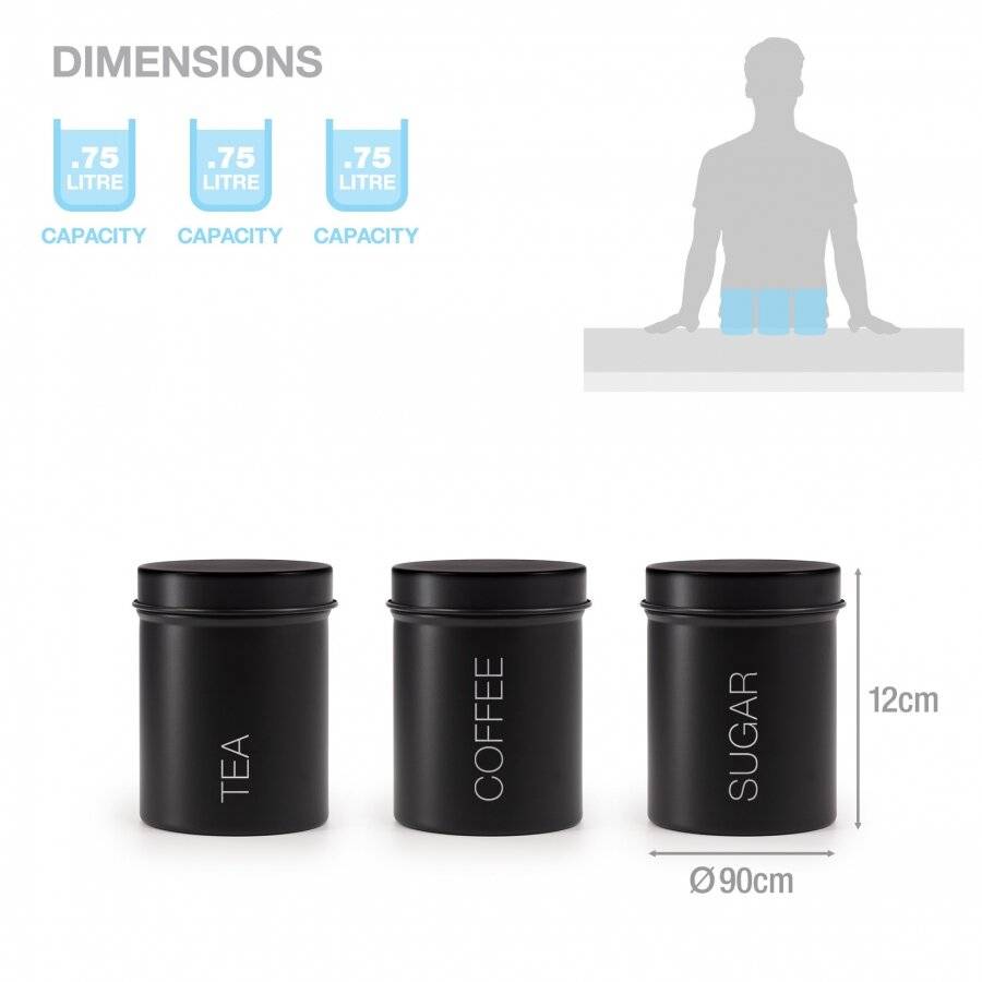 Set of 3 Airtight Tea, Coffee, and Sugar Kitchen Storage Jars, Black