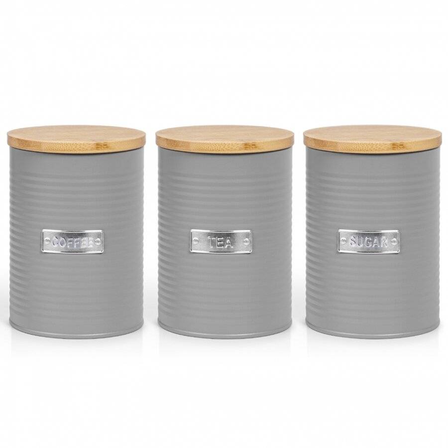 Set of 3 Tea, Coffee & Sugar Canister Storage Jars Container Set, Grey