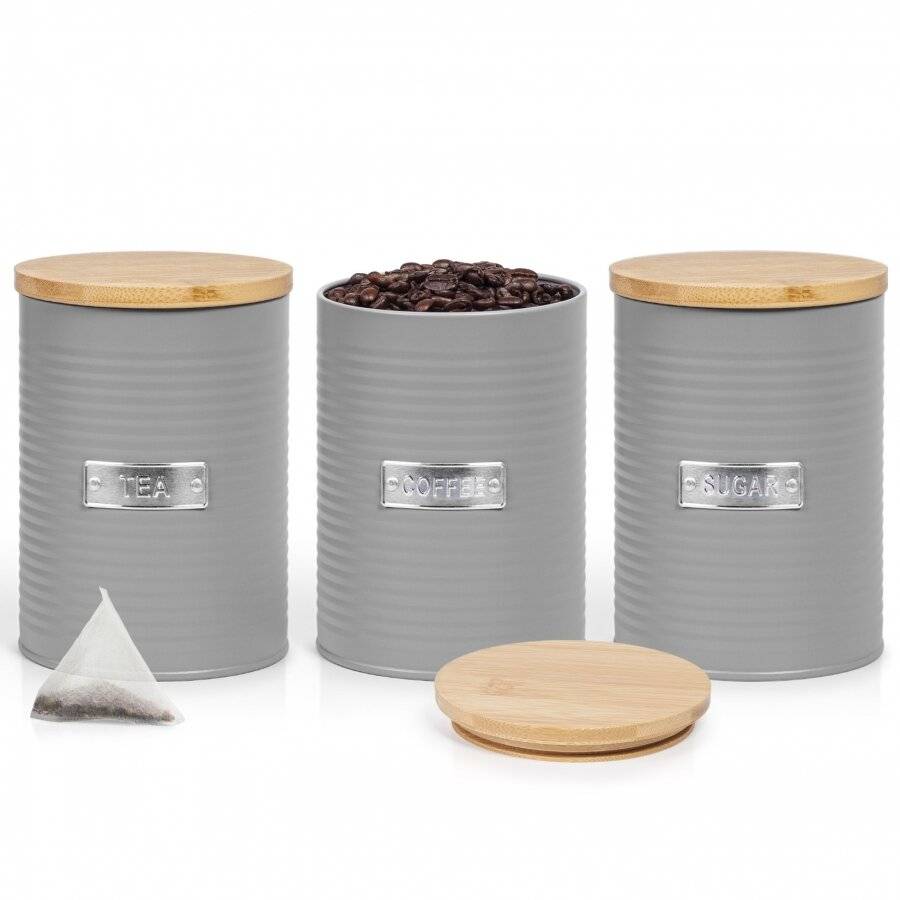 Set of 3 Tea, Coffee & Sugar Canister Storage Jars Container Set, Grey