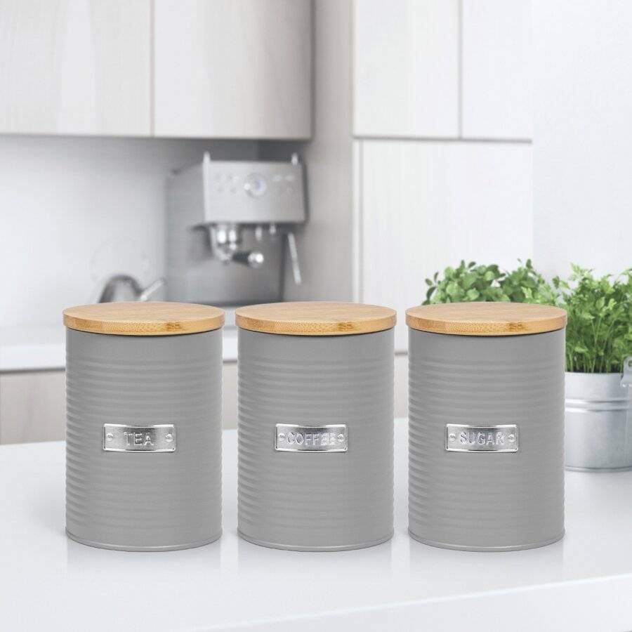 Set of 3 Tea, Coffee & Sugar Canister Storage Jars Container Set, Grey