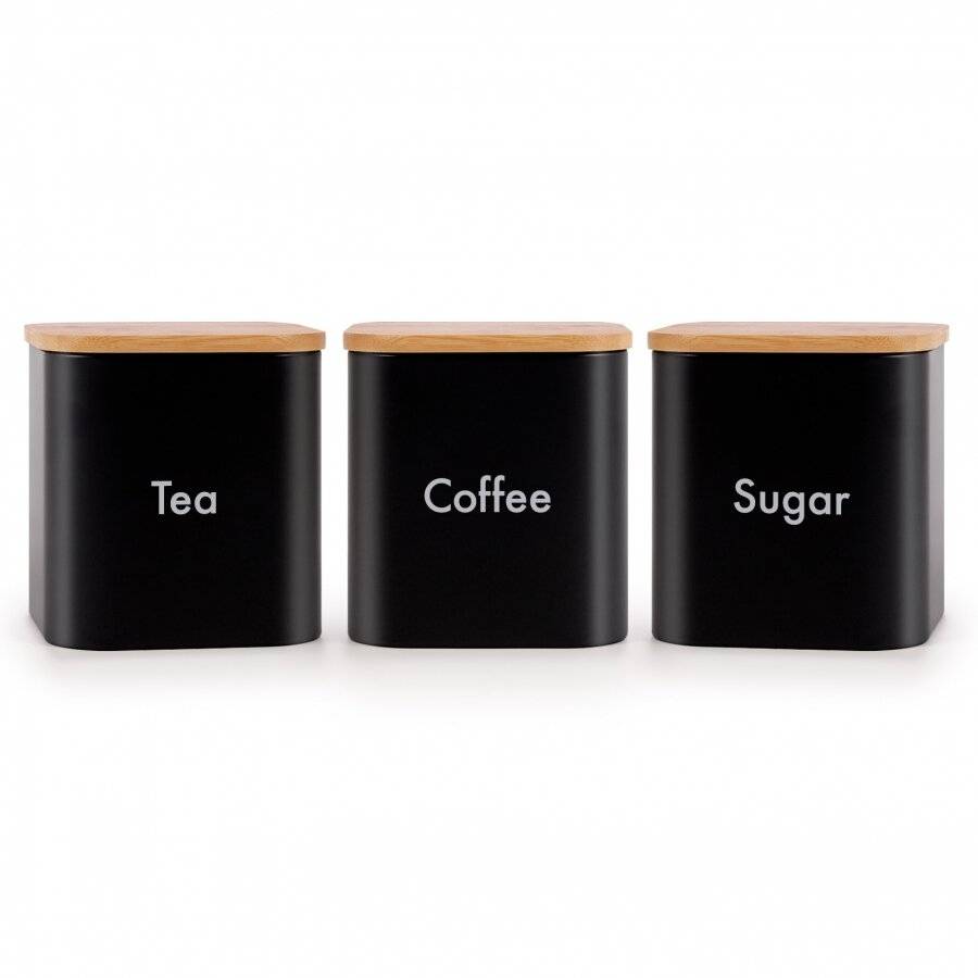 Set of 3 Tea, Coffee & Sugar Canister With Airtight Bamboo Lid - Black