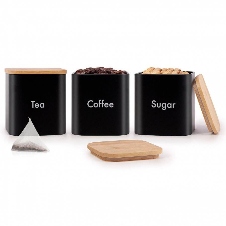 Set of 3 Tea, Coffee & Sugar Canister With Airtight Bamboo Lid - Black