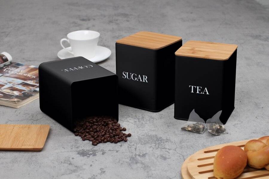 Set of 3 Tea, Coffee & Sugar Canister With Airtight Bamboo Lid - Black