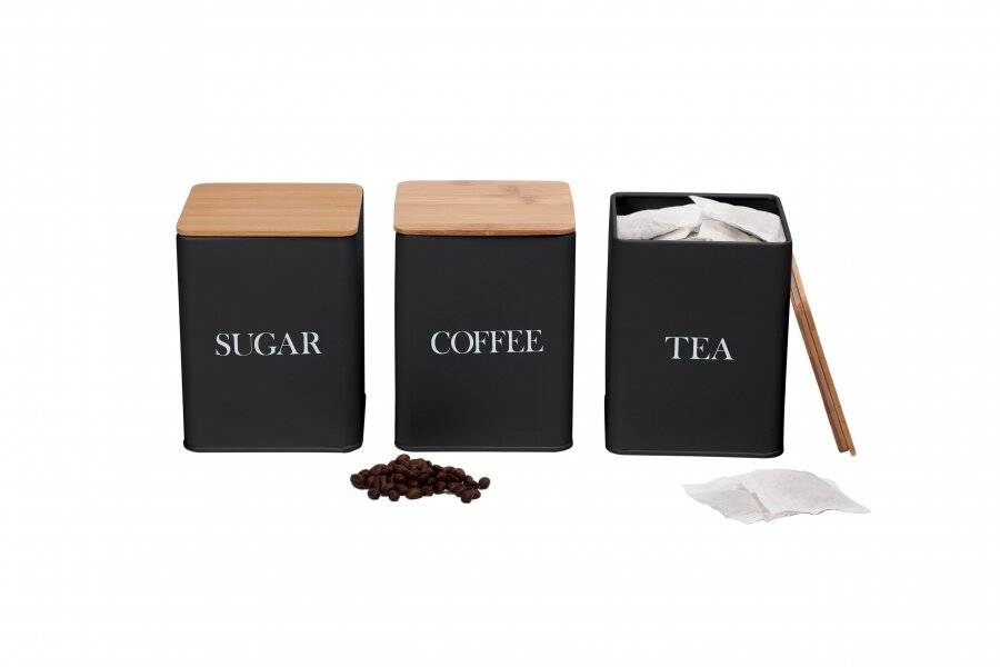 Set of 3 Tea, Coffee & Sugar Canister With Airtight Bamboo Lid - Black