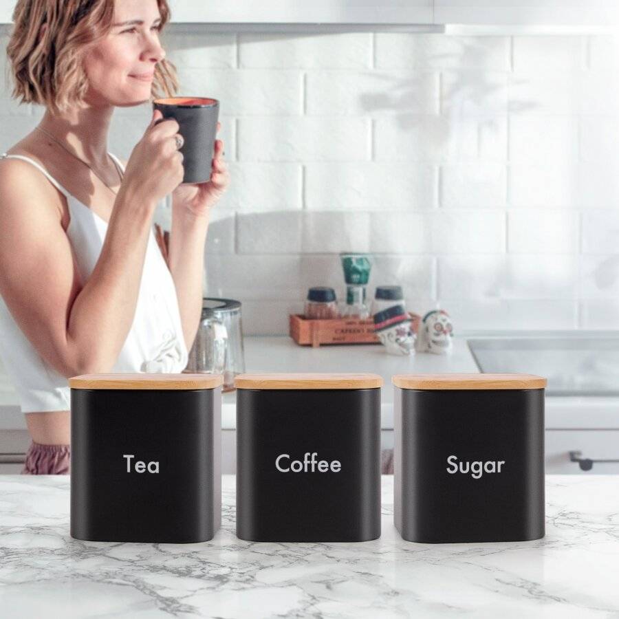 Set of 3 Tea, Coffee & Sugar Canister With Airtight Bamboo Lid - Black