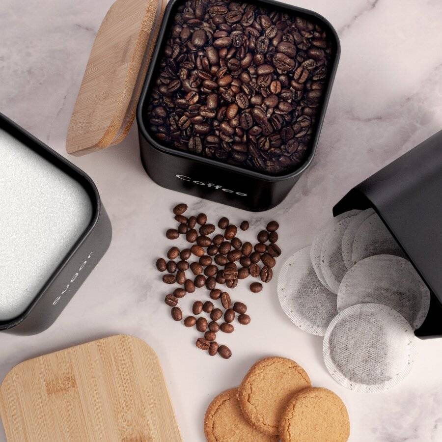 Set of 3 Tea, Coffee & Sugar Canister With Airtight Bamboo Lid - Black