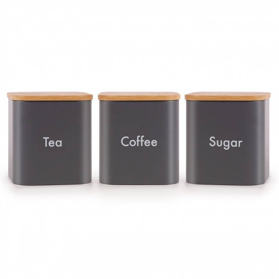 Set of 3 Tea, Coffee & Sugar Canister With Airtight Bamboo Lid - Grey