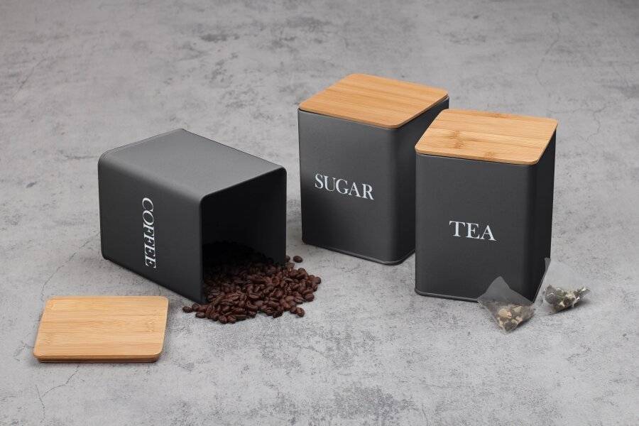 Set of 3 Tea, Coffee & Sugar Canister With Airtight Bamboo Lid - Grey