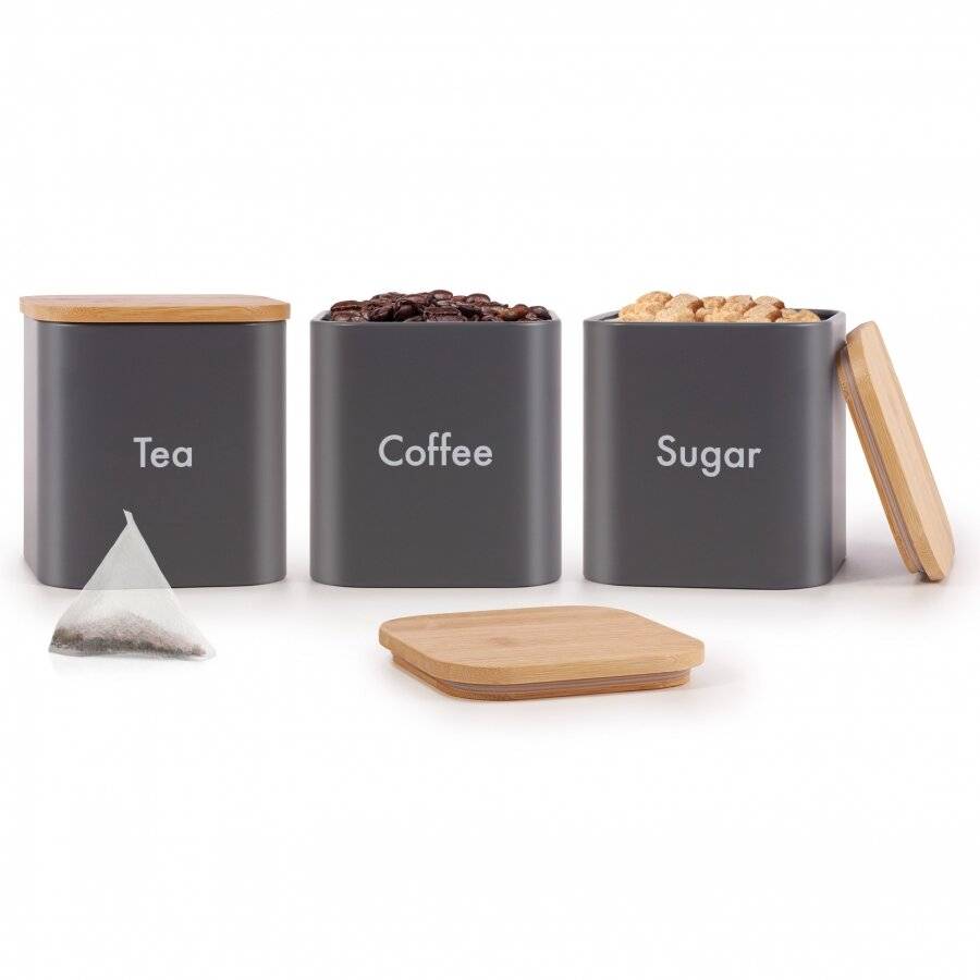 Set of 3 Tea, Coffee & Sugar Canister With Airtight Bamboo Lid - Grey