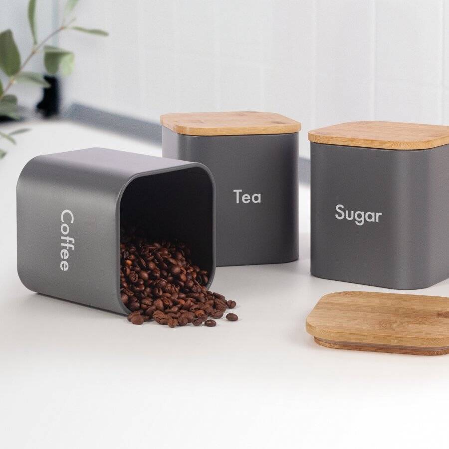 Set of 3 Tea, Coffee & Sugar Canister With Airtight Bamboo Lid - Grey