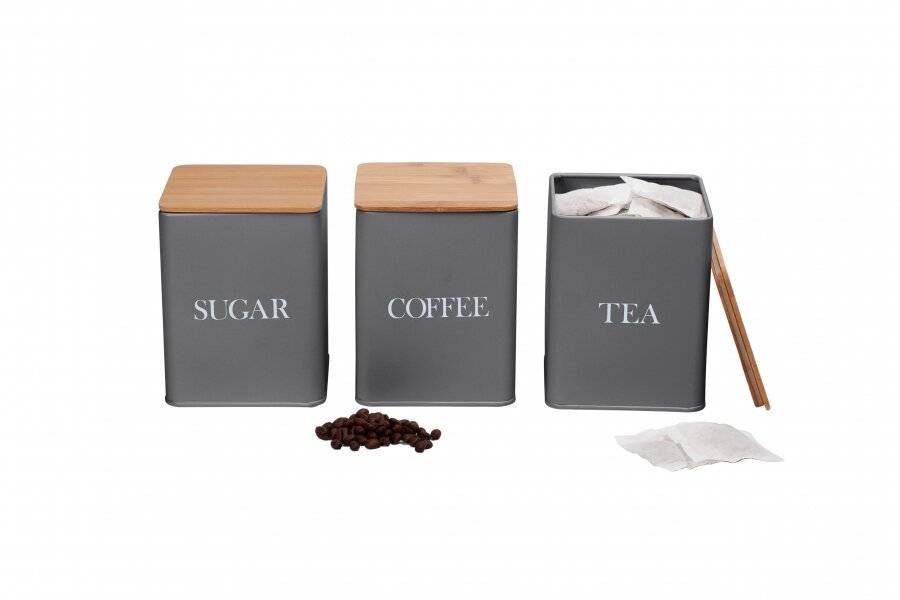 Set of 3 Tea, Coffee & Sugar Canister With Airtight Bamboo Lid - Grey