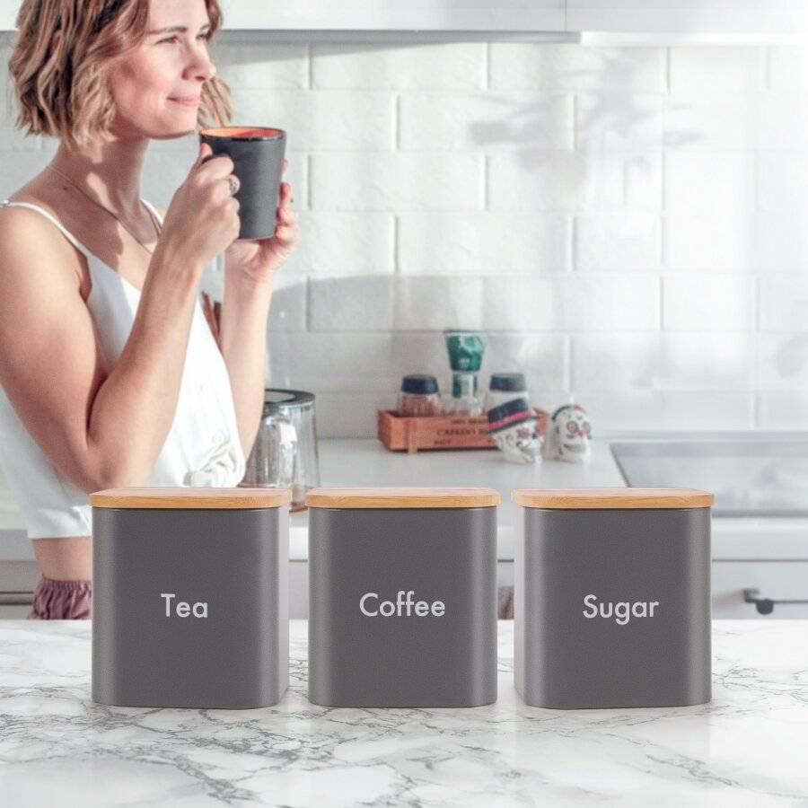 Set of 3 Tea, Coffee & Sugar Canister With Airtight Bamboo Lid - Grey