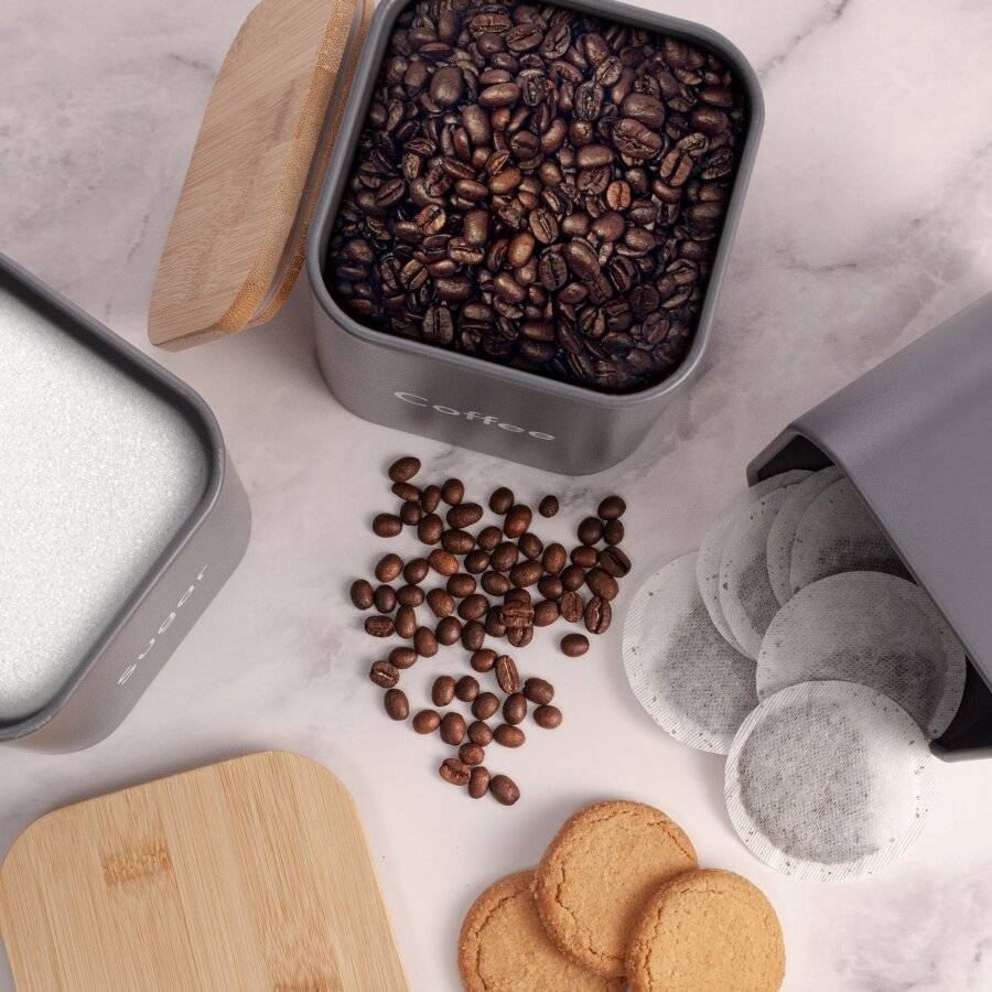 Set of 3 Tea, Coffee & Sugar Canister With Airtight Bamboo Lid - Grey