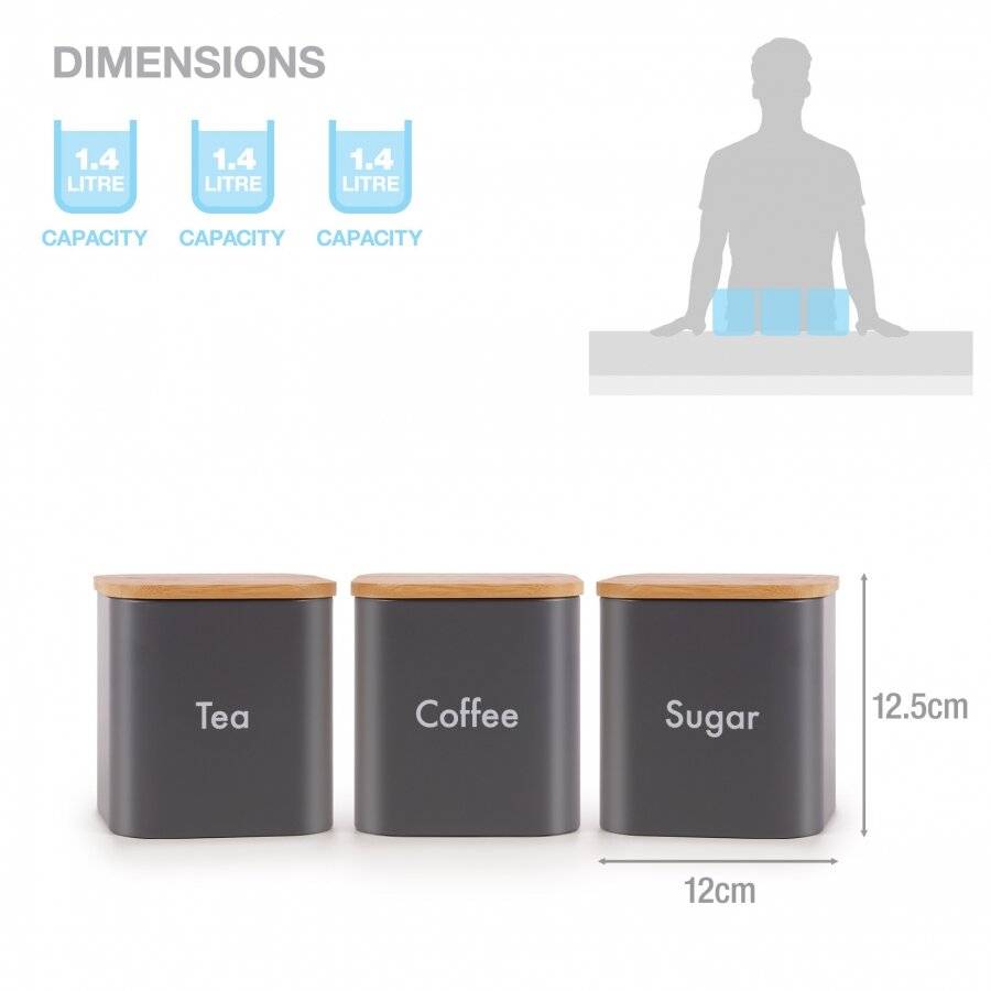 Set of 3 Tea, Coffee & Sugar Canister With Airtight Bamboo Lid - Grey