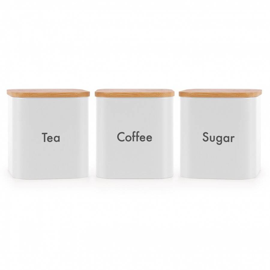 Set of 3 Tea, Coffee & Sugar Canister With Airtight Bamboo Lid - White