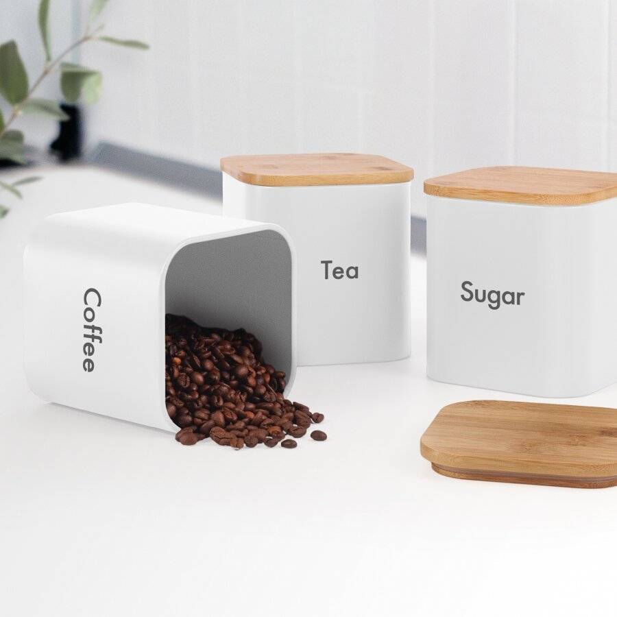 Set of 3 Tea, Coffee & Sugar Canister With Airtight Bamboo Lid - White