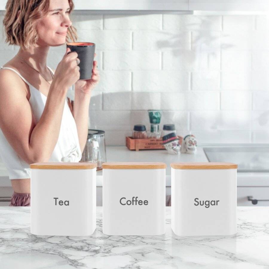 Set of 3 Tea, Coffee & Sugar Canister With Airtight Bamboo Lid - White