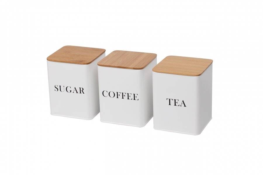 Set of 3 Tea, Coffee & Sugar Canister With Airtight Bamboo Lid - White