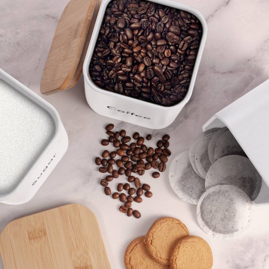 Set of 3 Tea, Coffee & Sugar Canister With Airtight Bamboo Lid - White