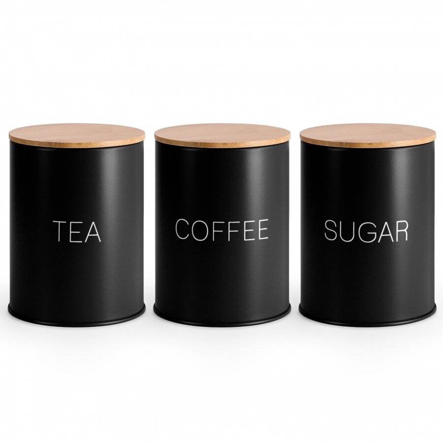 Set of 3 Tea,Coffee & Sugar Metal Jars With Airtight Bamboo Lid, Black