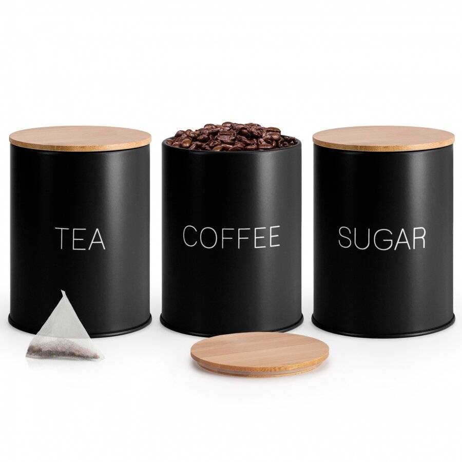 Set of 3 Tea,Coffee & Sugar Metal Jars With Airtight Bamboo Lid, Black
