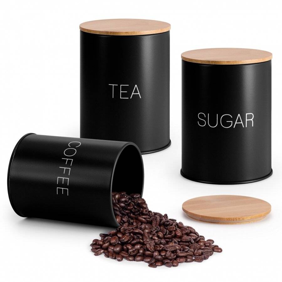Set of 3 Tea,Coffee & Sugar Metal Jars With Airtight Bamboo Lid, Black